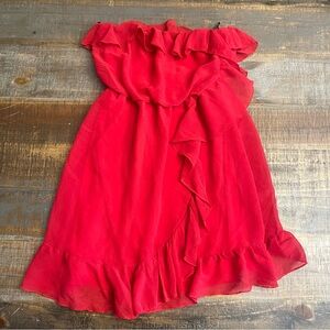 women’s strapless red ruffle mini dress